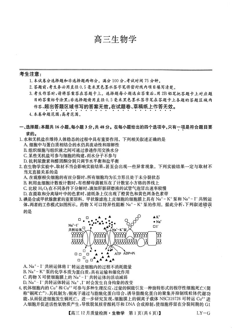 2025届九师联盟高三12月质量检测联考生物试卷及参考答案