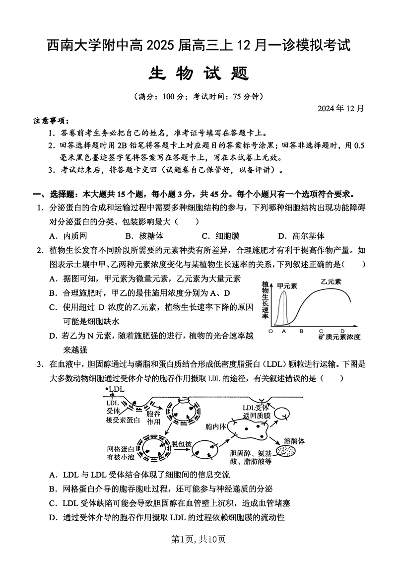 重庆西南大学附中2025届高三12月一诊模拟生物试卷及参考答案