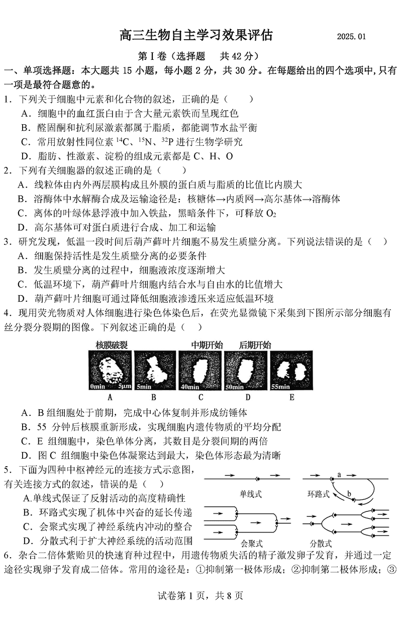 江苏扬州中学2025届高三上学期1月自主评估生物试卷及参考答案